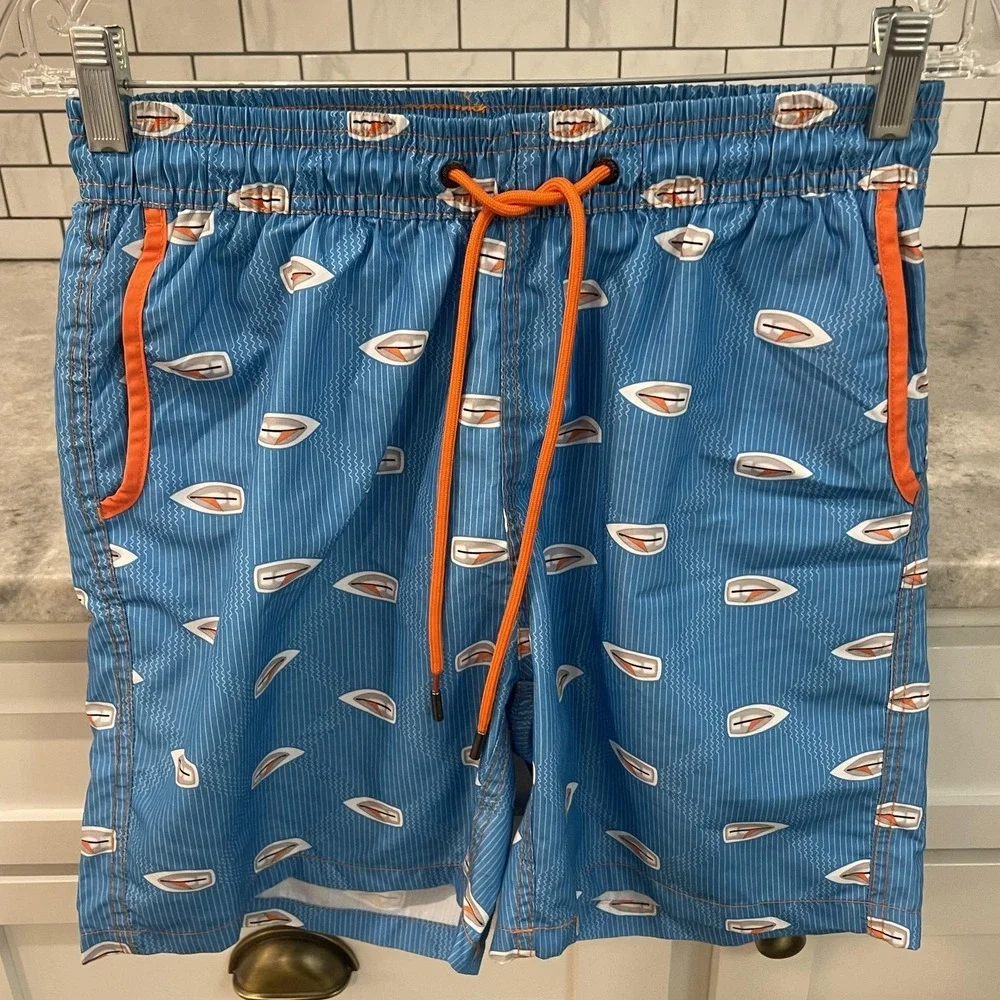 Mr. Swim Trunks Mens Medium Blue Sailboat Print Lined Pockets Nautical Beach